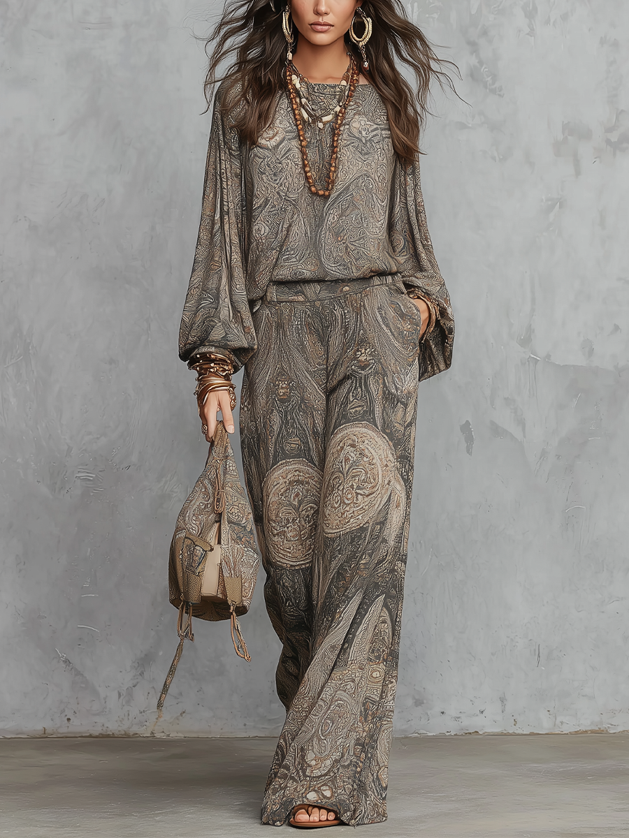 MOSSA - Bohemian Grey-brown Paisley Pattern Suit