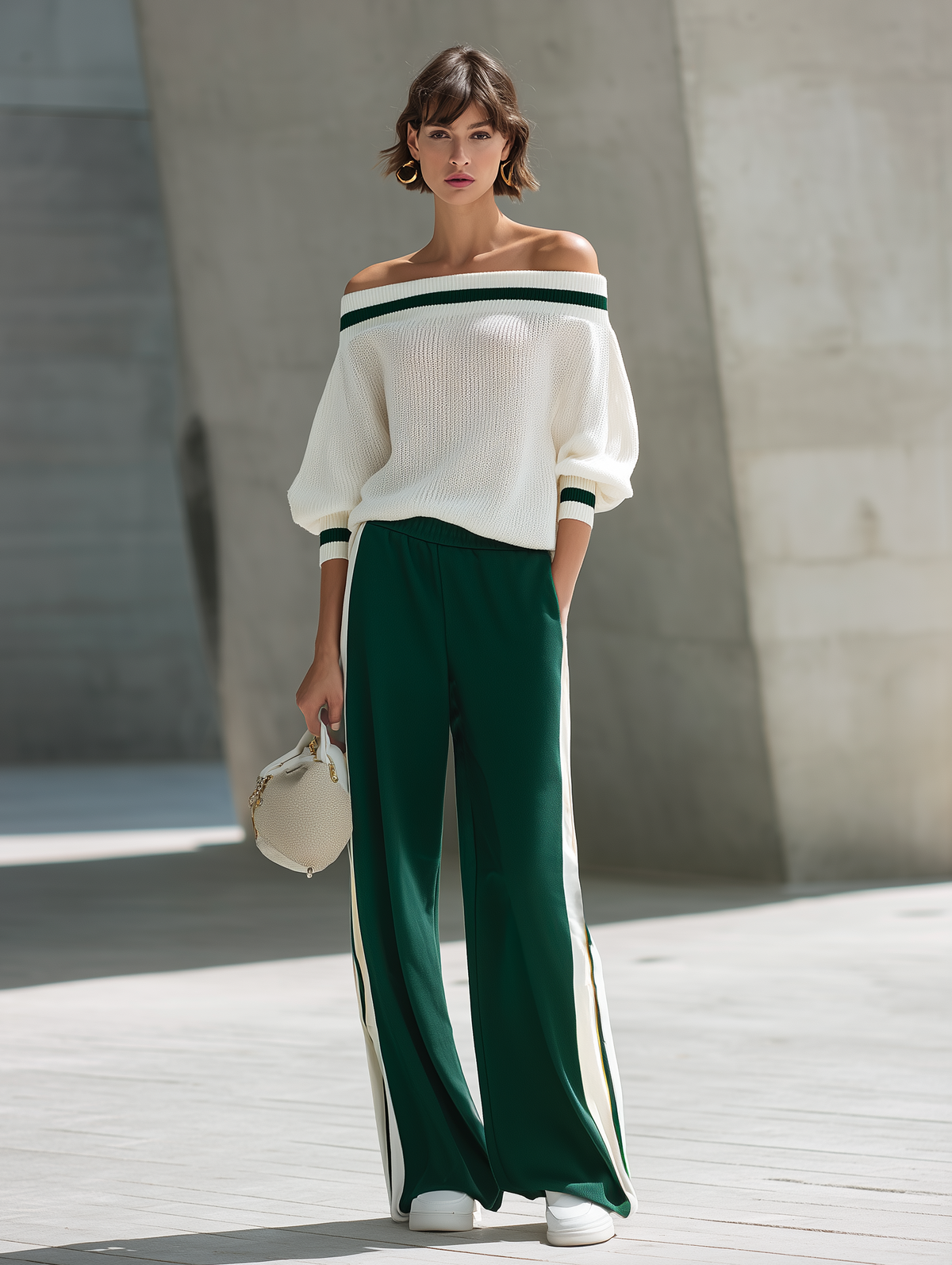 RUSSI - Completo in maglia verde scuro spalle scoperte e palazzo