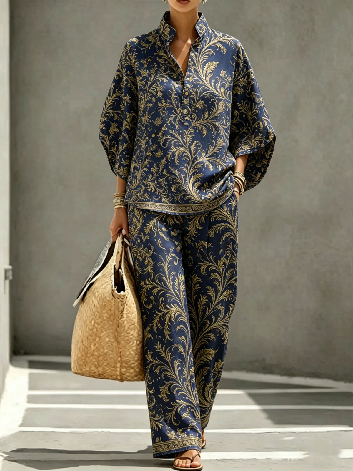 VIGONE - Completo Pantaloni Dritti in Cotone e Lino Stampato