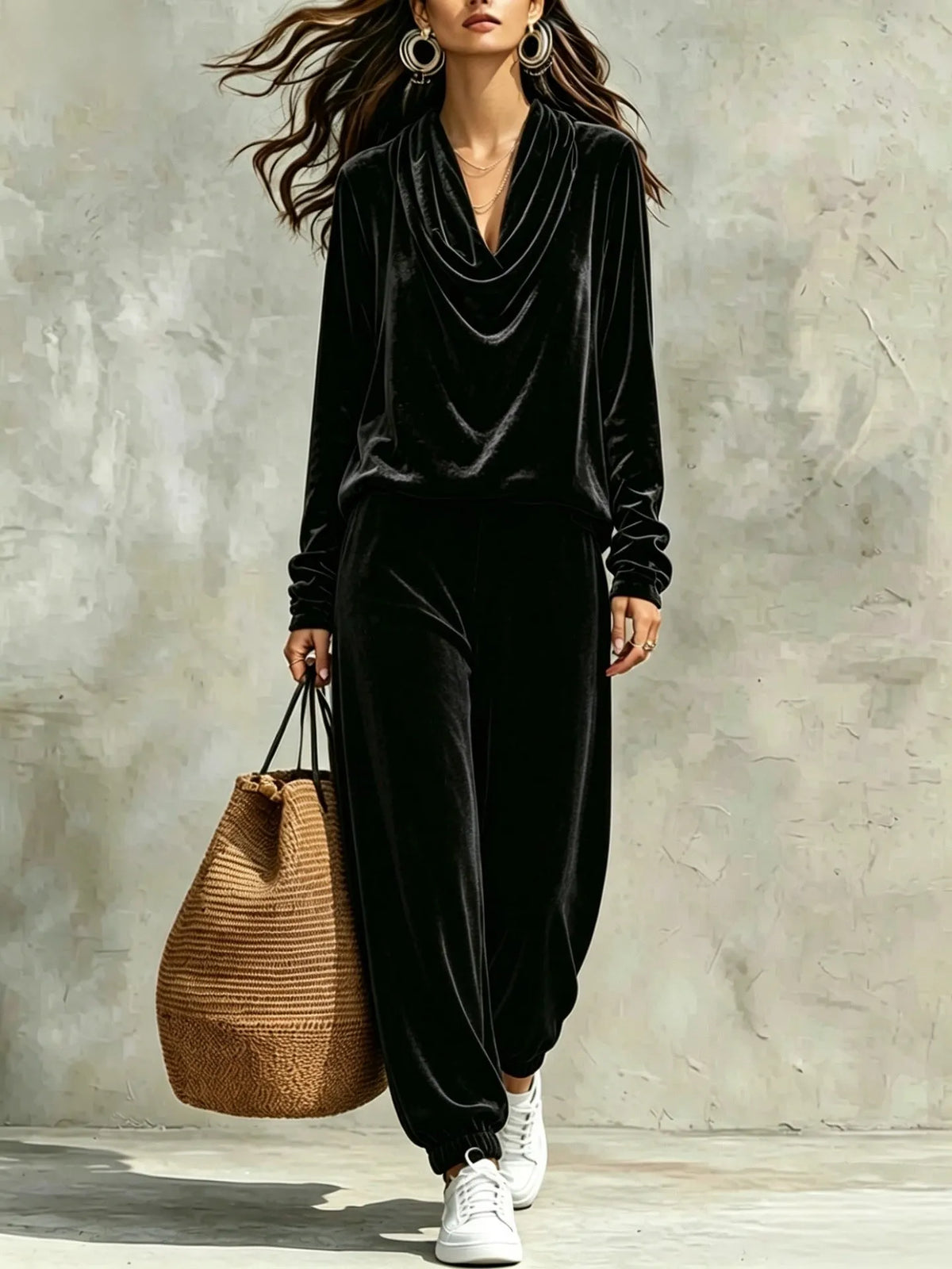 CIRIGLIANO - Completo in velluto con top cowl-neck e pantaloni