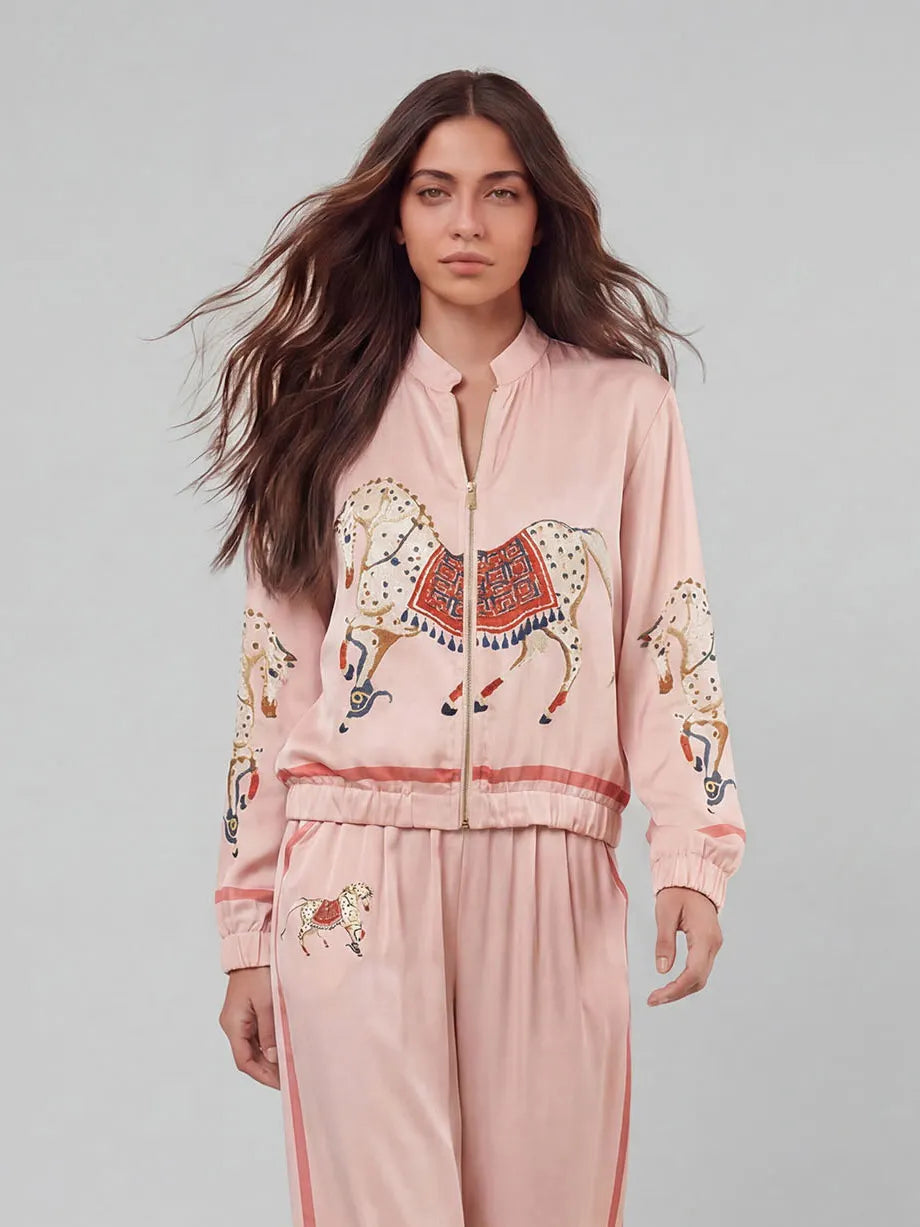 RIVOLI - Camicia in raso con stampa cavalli e zip