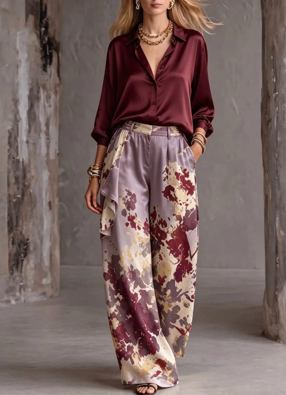 ARMIDA - Set bordeaux in raso con pantaloni ampi cotone e lino
