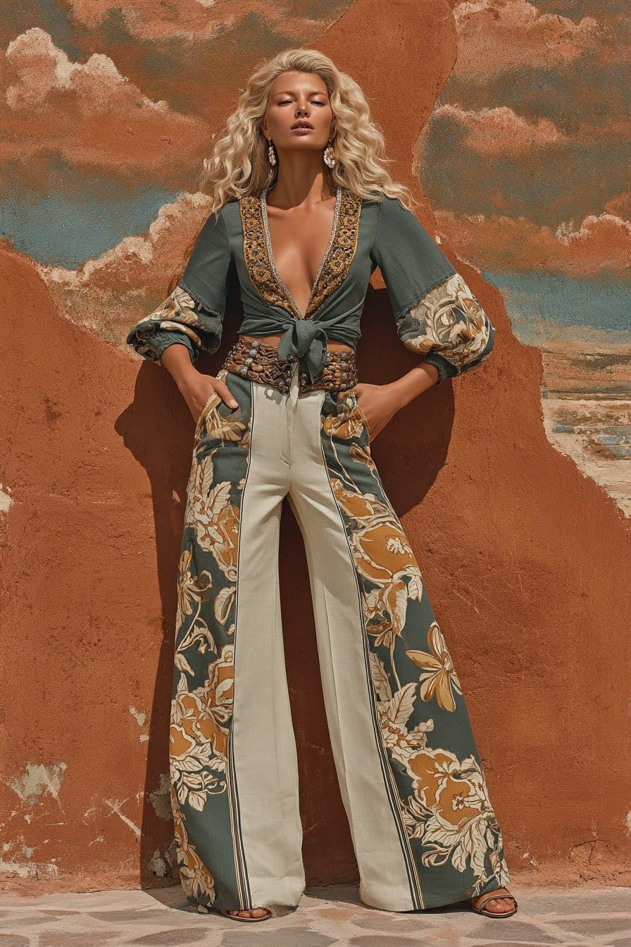 SAREZZANO - Completo donna in lino con top e pantaloni sartoriali