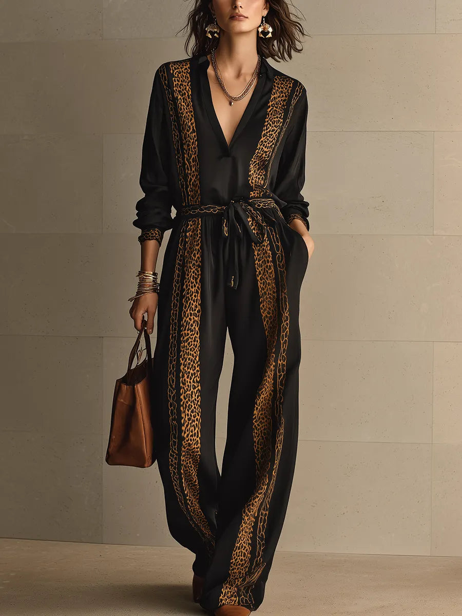 MINUCCIANO - Jumpsuit nero leopardato con cintura in vita