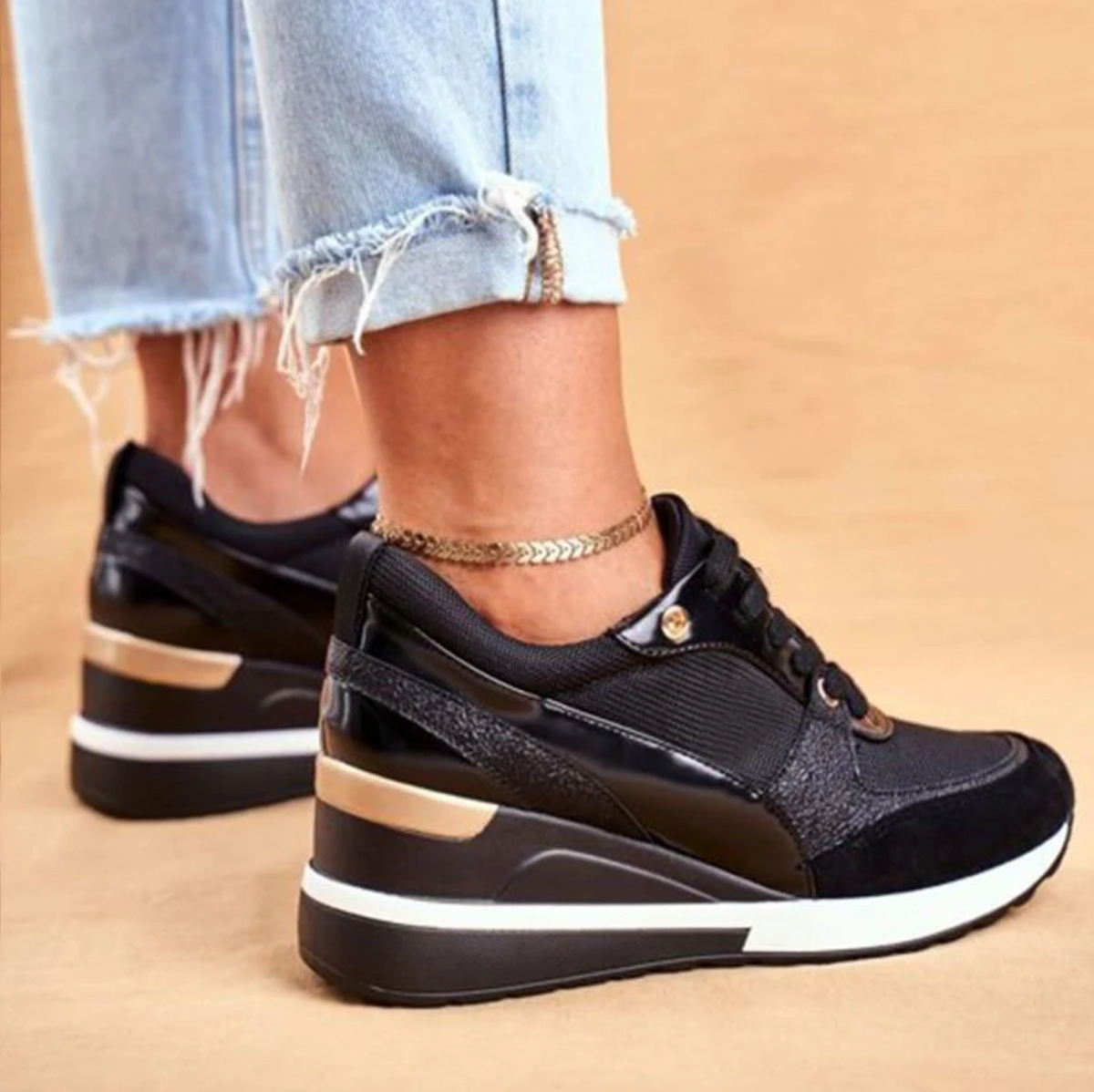 BOSARO - Sneakers zeppa eleganti nero oro argento