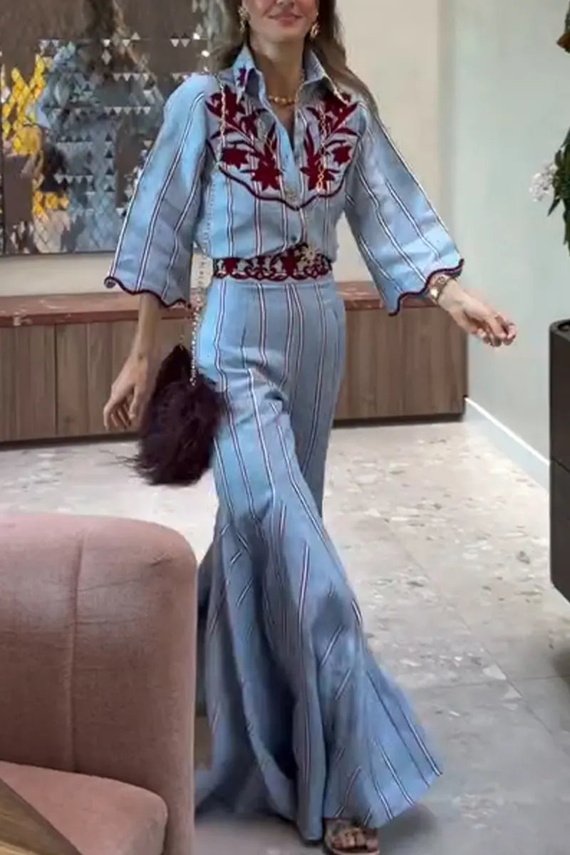 CODEVIGO - Completo blu con top stampato e pantaloni palazzo