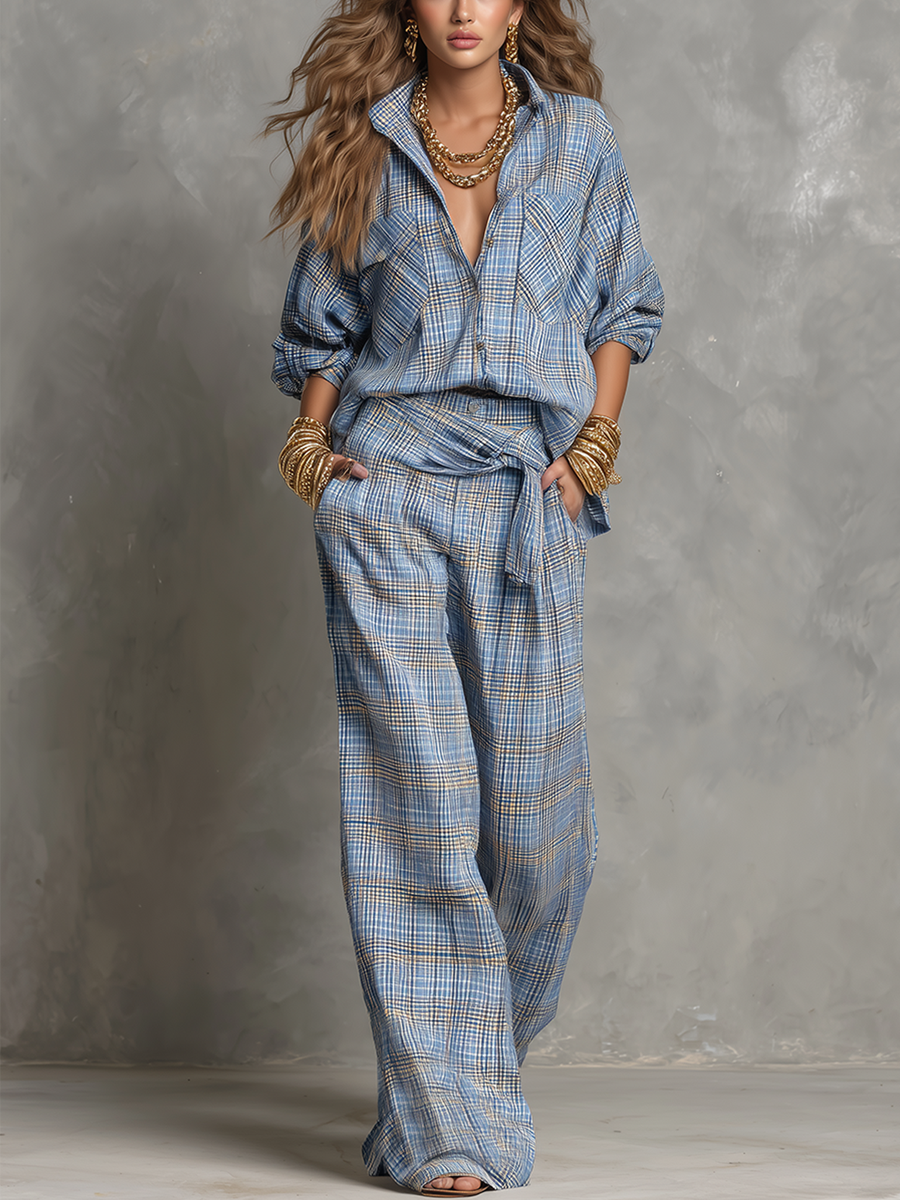 PRALORMO - Completo blu a quadri con camicia morbida e pantaloni ampi