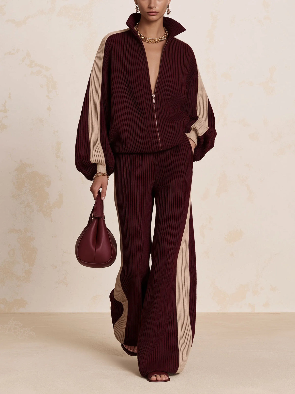 VOGHERA - Completo CLARET in maglia a coste con zip e pantaloni ampi