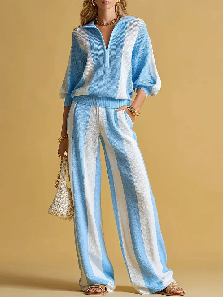 Women's Striped Print Cardigan Collar Three-quarter Sleeve Knitted Top And High-waisted Casual Loose Wide-leg Pants Knitted Set.