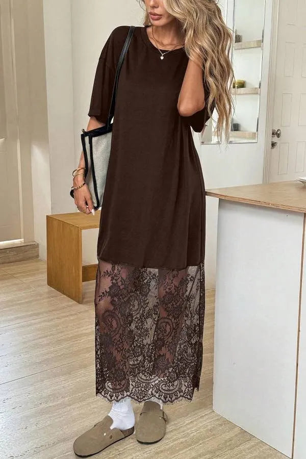 MAYA - Abito T-shirt morbido patchwork con bordo in pizzo