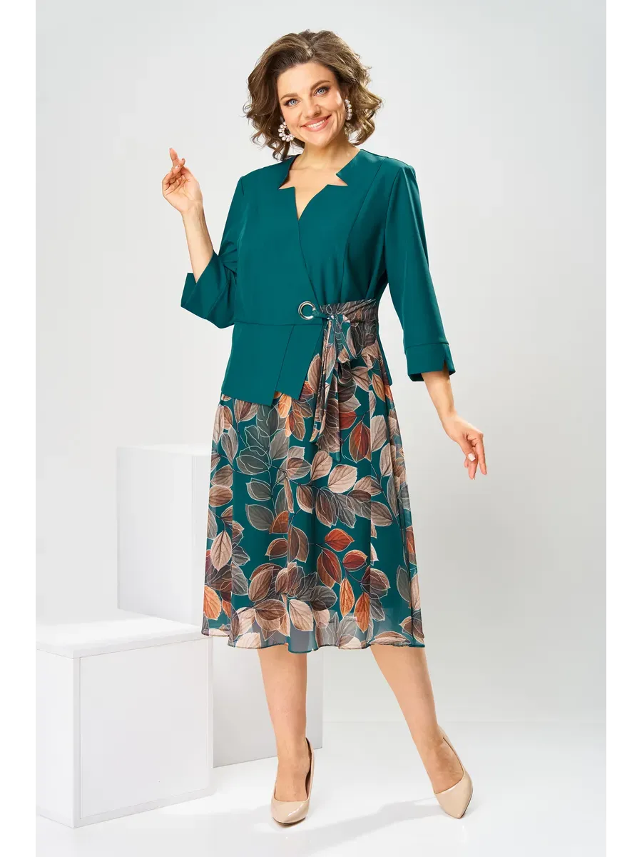 GIULIA - Abito midi con cintura e stampa foglia