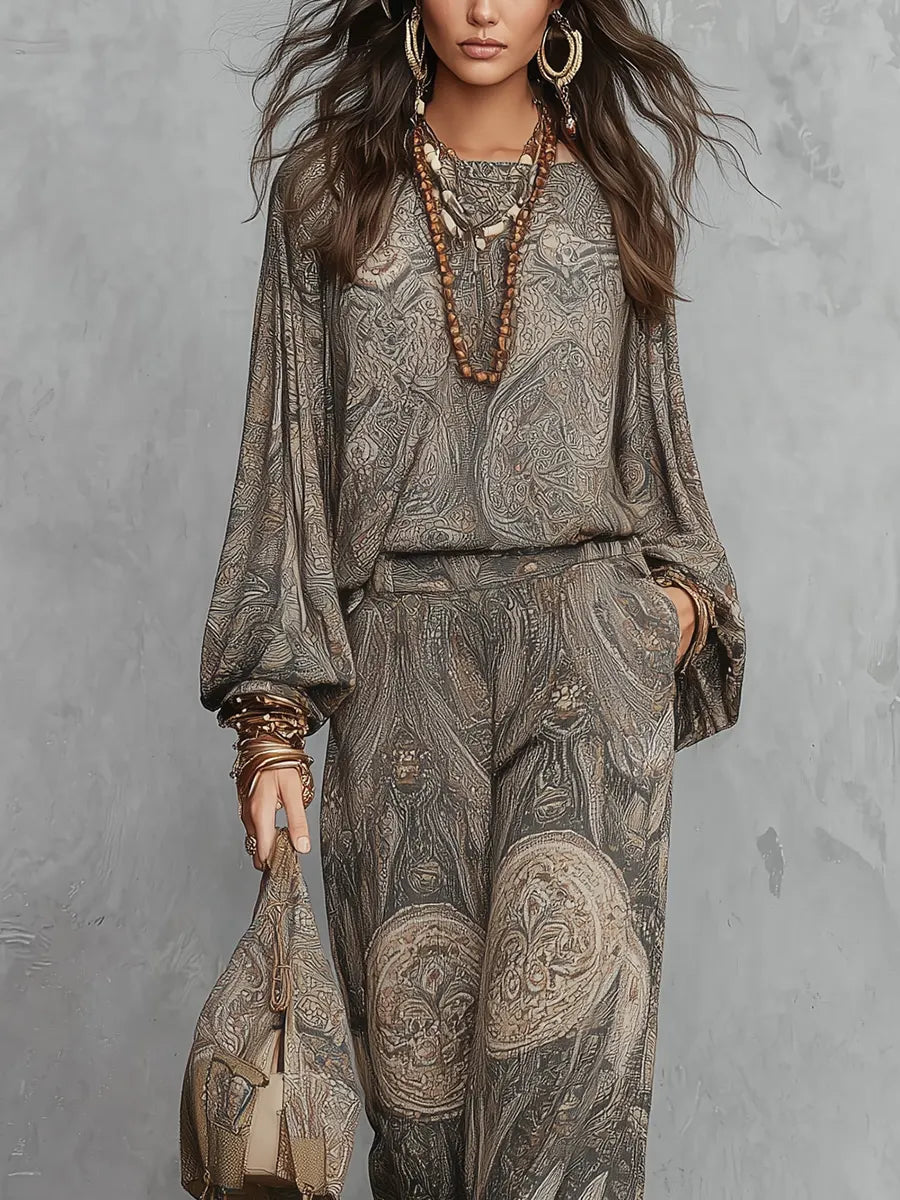 MOSSA - Bohemian Grey-brown Paisley Pattern Suit