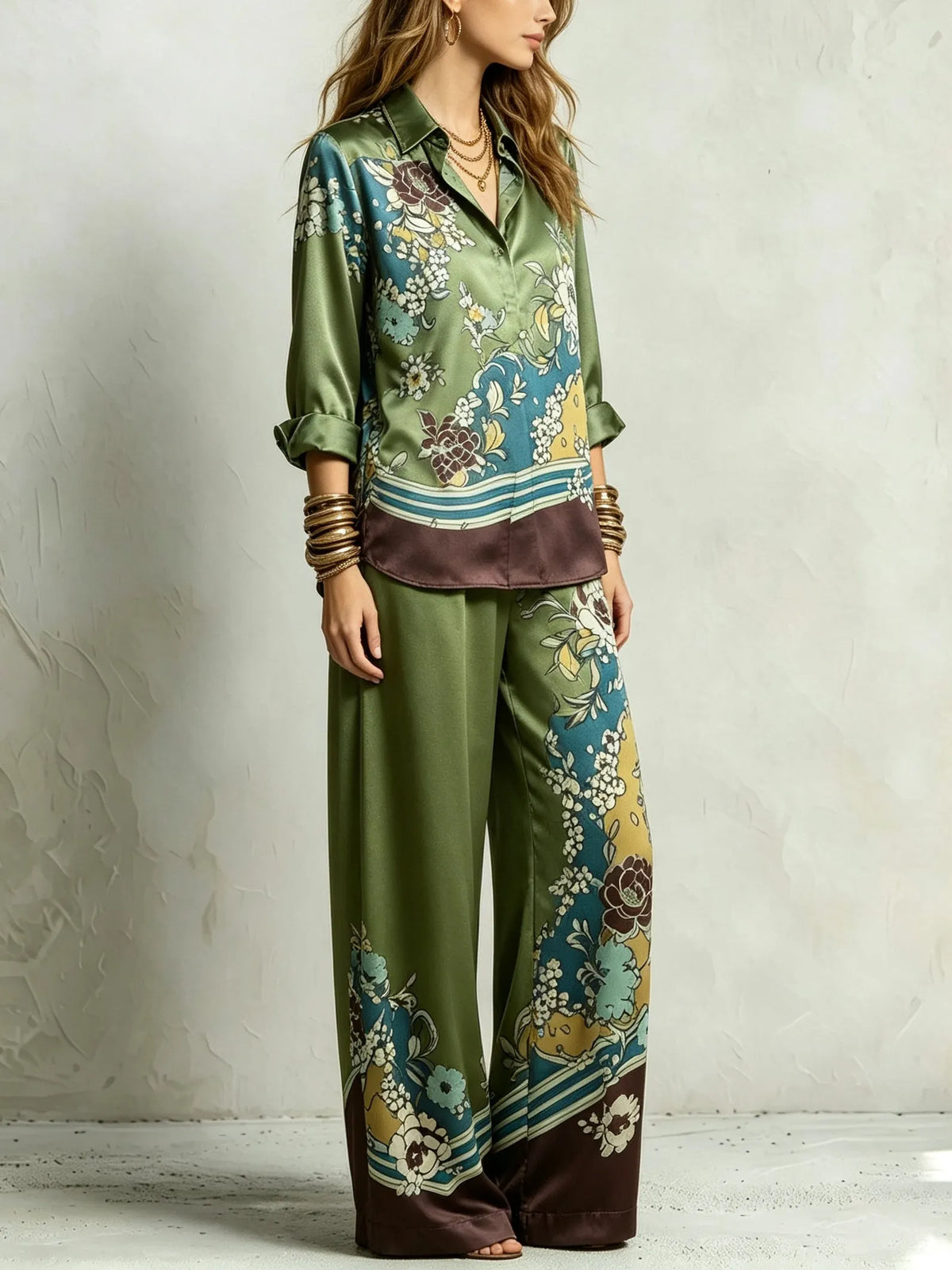 THIENE - Bohemian Green Floral Print Shirt And Drawstring Wide-leg Pants Suit