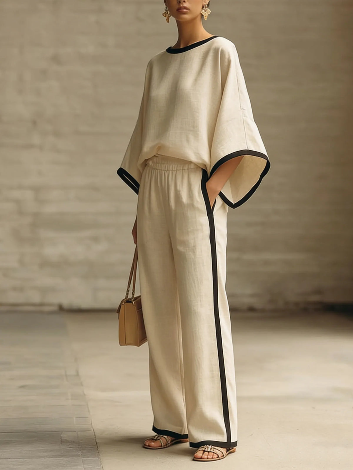 LOMAZZO - Elegant Trimmed Edge Loose Batwing Sleeve Two-piece Set