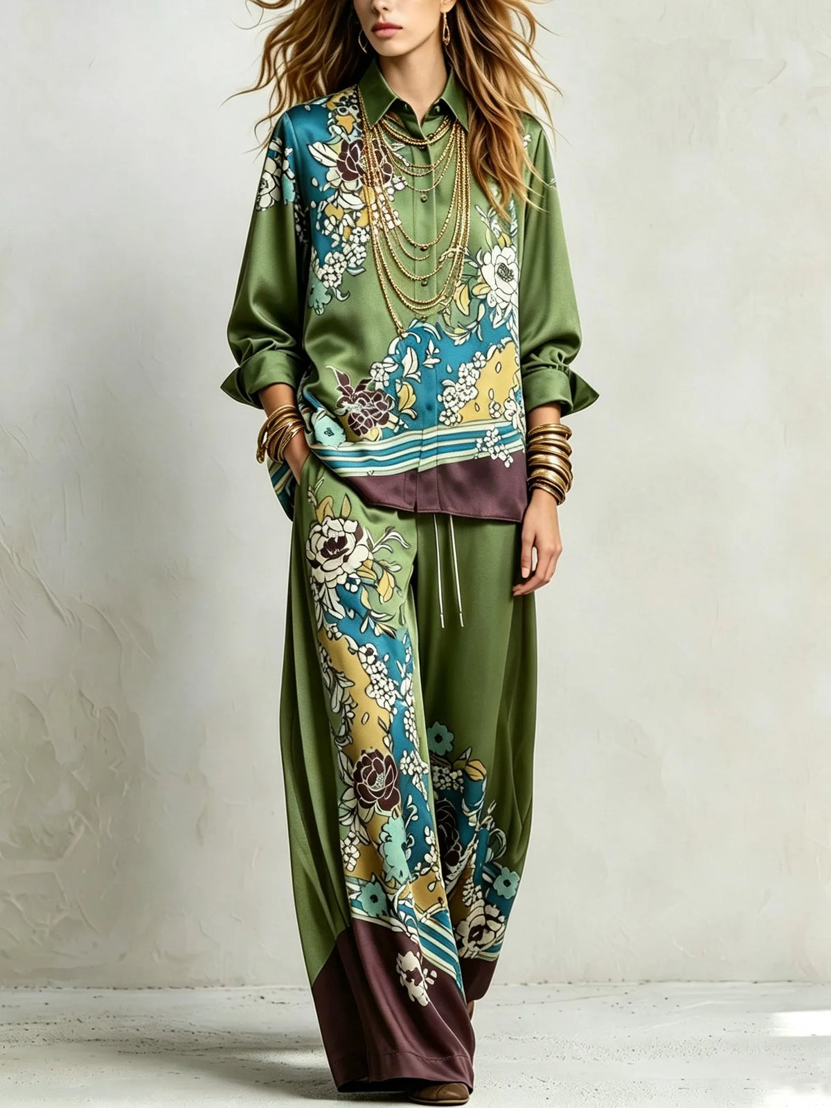 THIENE - Bohemian Green Floral Print Shirt And Drawstring Wide-leg Pants Suit