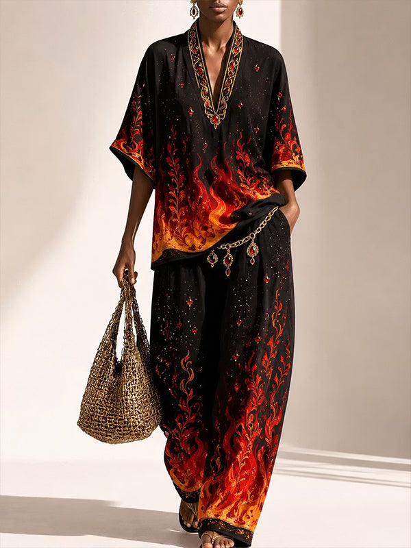 CAPRIOLO - Set nero boho con stampa fiamme, scollo V e pantaloni ampi