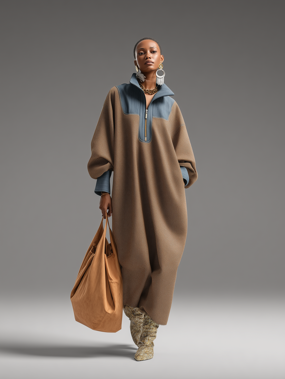 KELLY - Abito lungo marrone in denim con collo alto