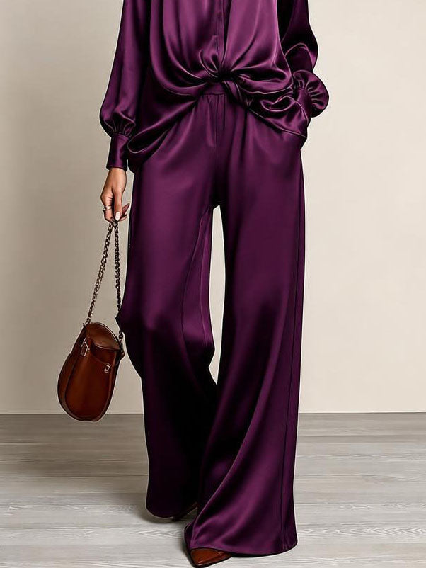 AZZANELLO - Womens Satin Stand Collar Button Down Shirt High Waist Wide Leg Trousers Luxury Purple Two Piece Set Outfit