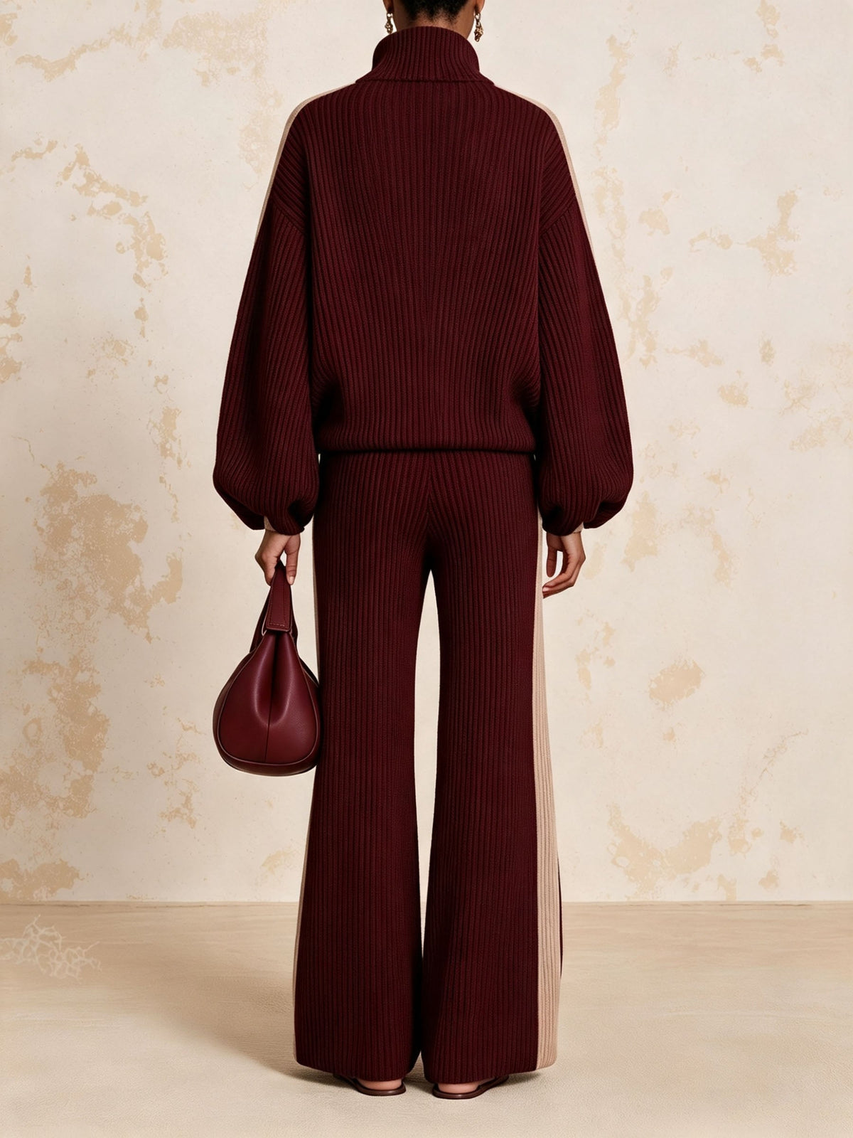 VOGHERA - Completo CLARET in maglia a coste con zip e pantaloni ampi