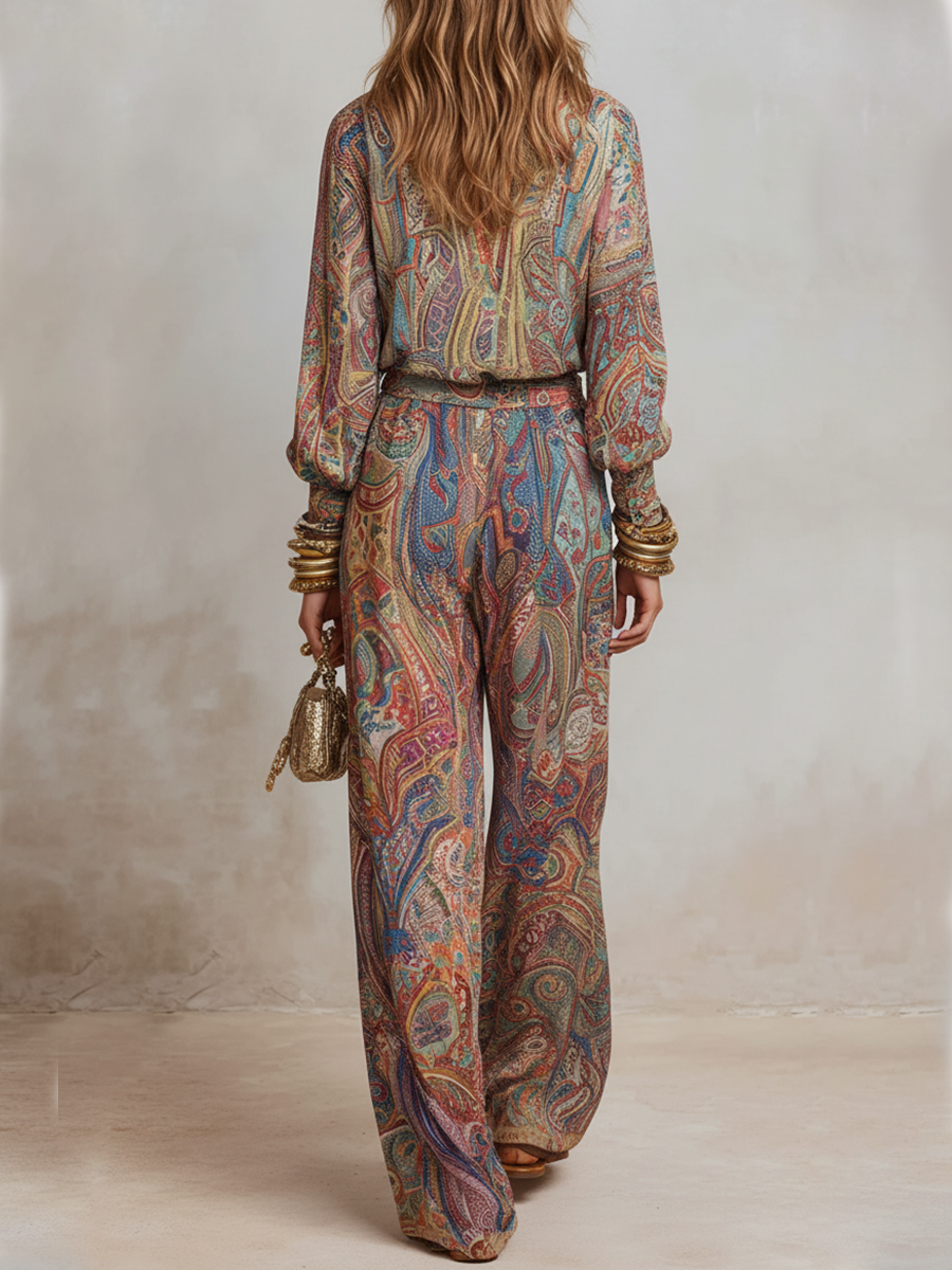 LINDA - Exquisite paisley print wide leg pantsuit