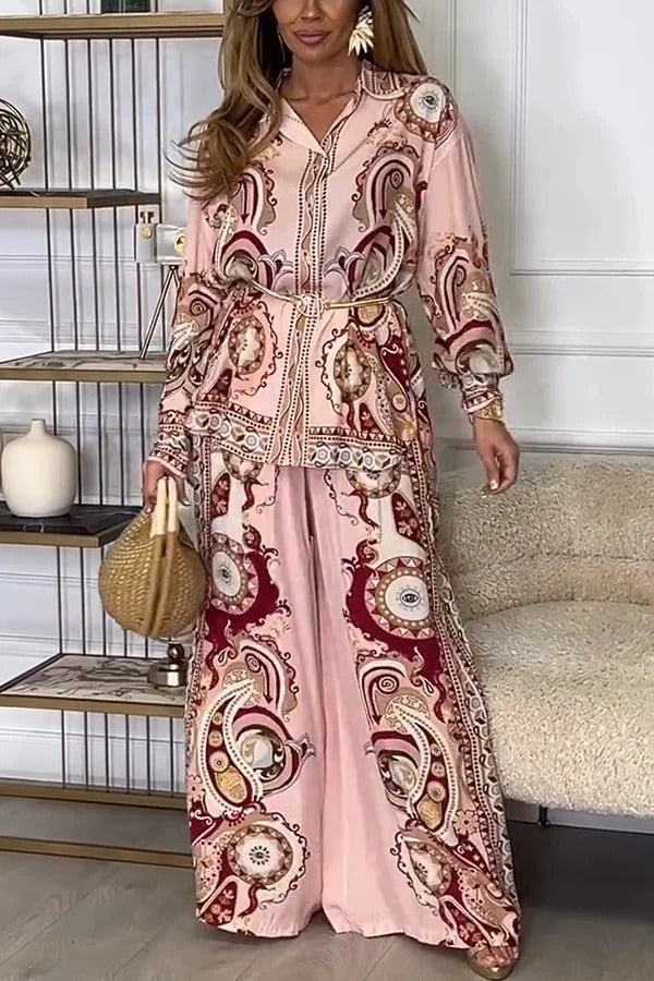 AVELENGO - Completo rosa stampato con camicia e pantaloni ampi