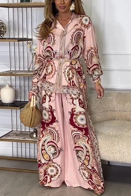 AVELENGO - Completo rosa stampato con camicia e pantaloni ampi