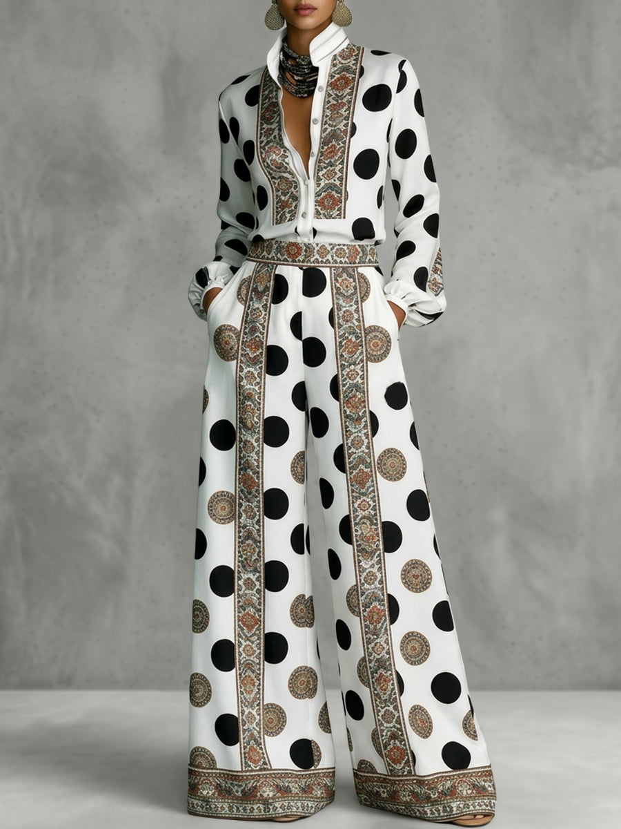 DORALICE - Blusa bianca a pois con collo alto e bottoni contrasto