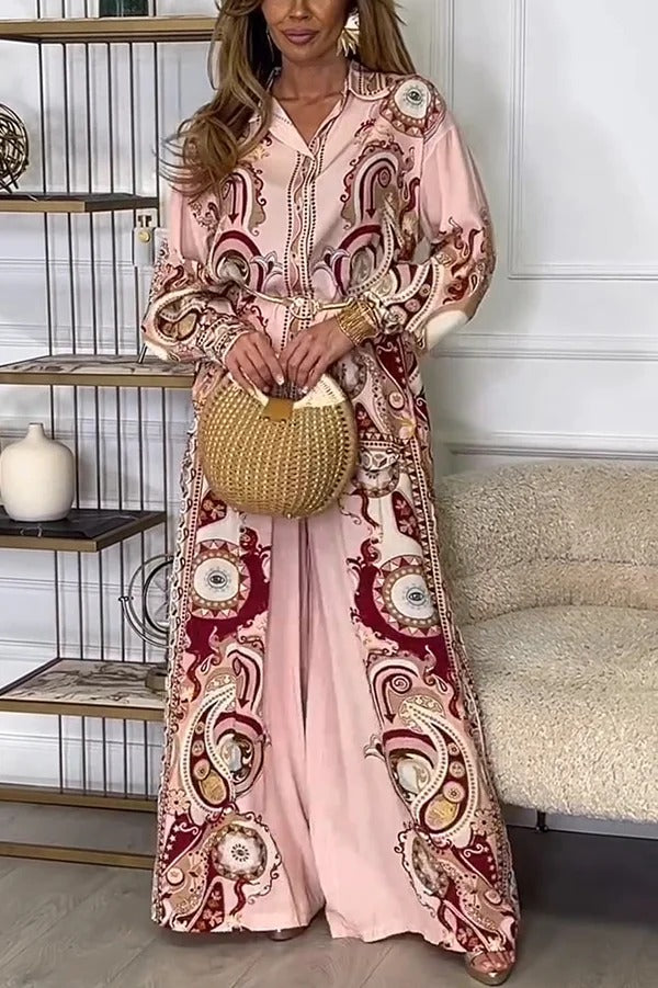AVELENGO - Completo rosa stampato con camicia e pantaloni ampi