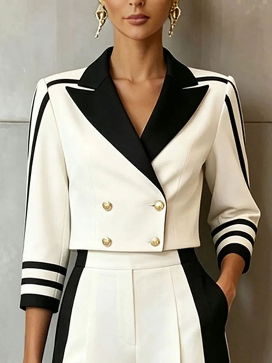 ROMBIOLO - Chic Sophisticated Black And White Colorblock Blazer And Trouser Suit