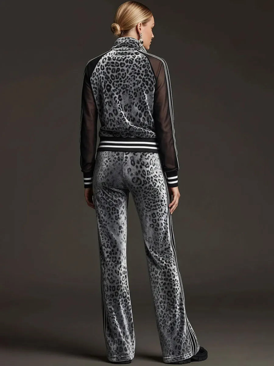TRISSINO - Completo grigio in velluto leopardato con maniche mesh a righe