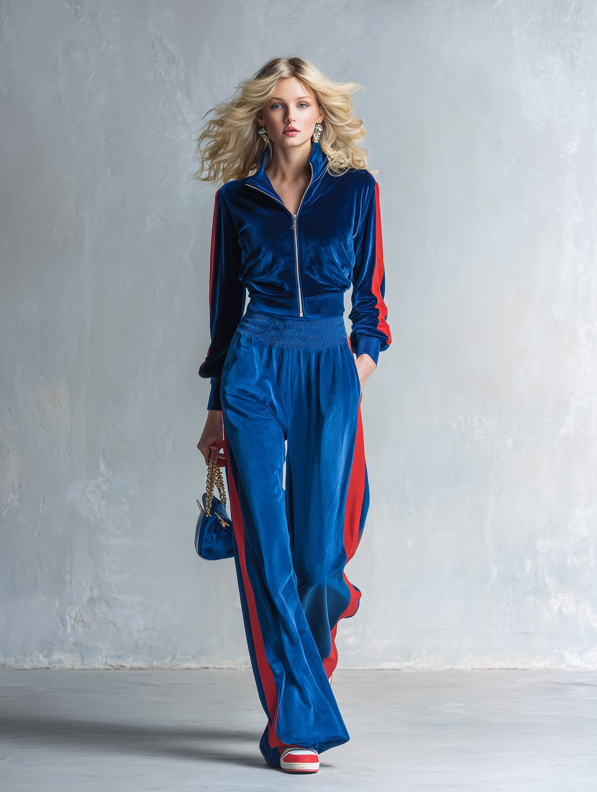 JOPPOLO - Completo blu in velluto con giacca zip e pantaloni ampi