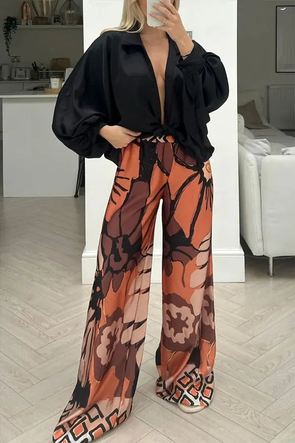 NOEPOLI - Pantaloni floreali wide-leg arancio rosa marrone verde