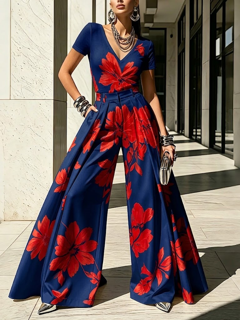 BAGNONE - Completo floreale blu, giallo e rosso a pantaloni ampi