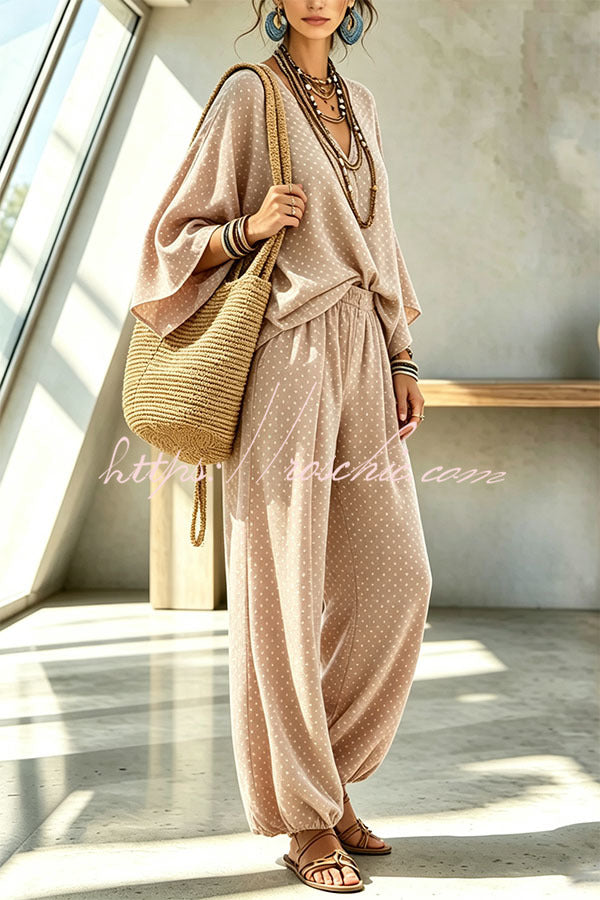 SOMAGLIA - Retro Style Polka Dot Print Batwing Sleeve Top and Elastic Waist Loose Jogger Pants Set