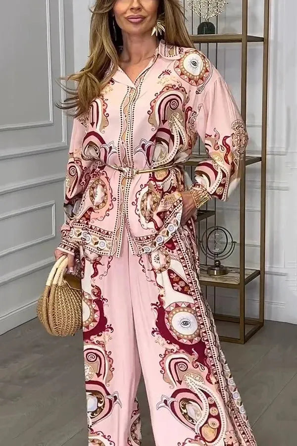 AVELENGO - Completo rosa stampato con camicia e pantaloni ampi