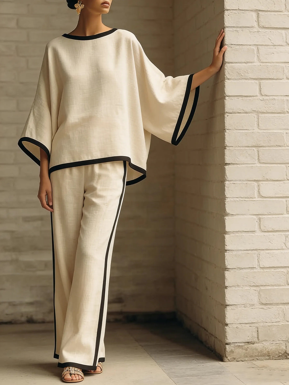 LOMAZZO - Elegant Trimmed Edge Loose Batwing Sleeve Two-piece Set