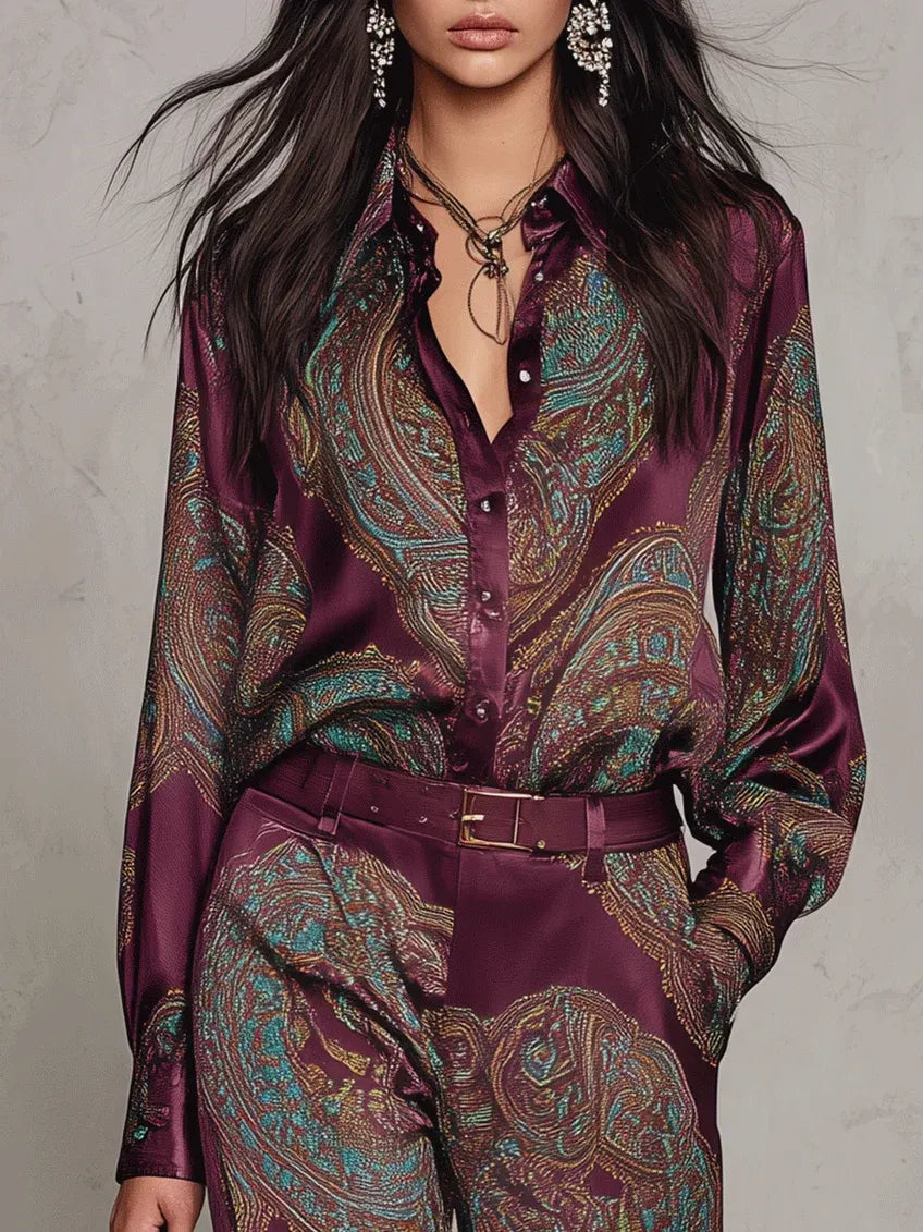 MOCONESI - Completo satinato paisley bordeaux e viola con cintura