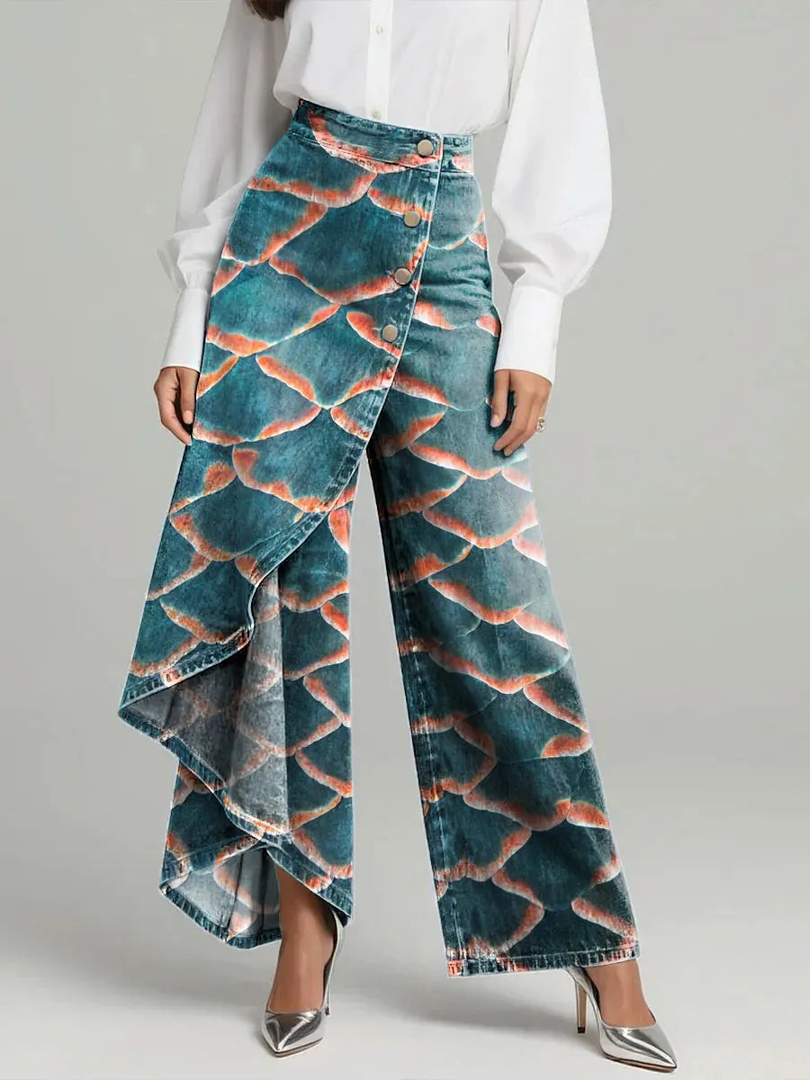CERENZIA - Jeans floreali multicolor a vita alta, gamba ampia