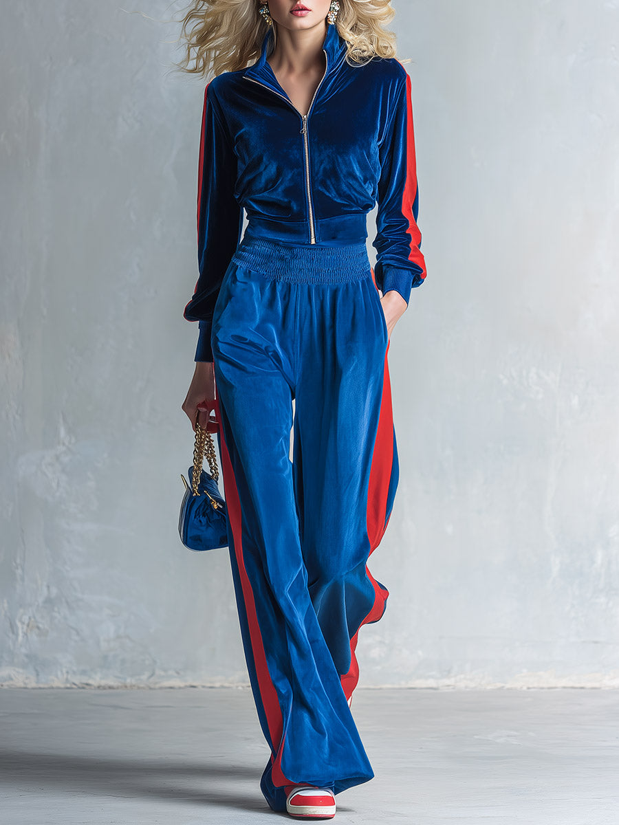 JOPPOLO - Completo blu in velluto con giacca zip e pantaloni ampi