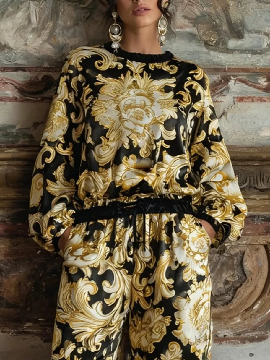 LURANO - Baroque Floral Print Long-sleeved Top And Wide-leg Pants Loungewear Set