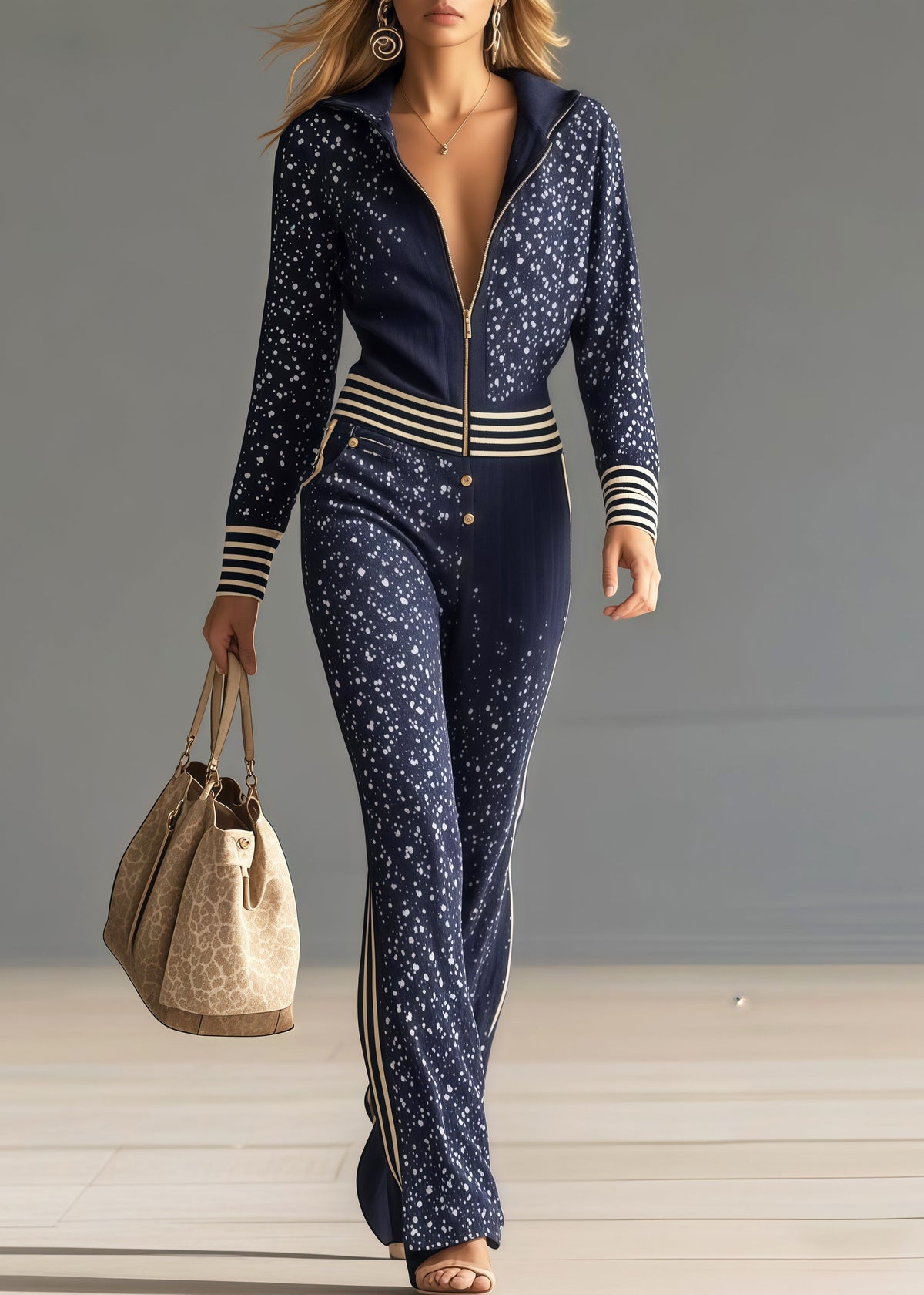 PIOZZO - Tuta in chiffon patchwork a righe blu navy con stampa