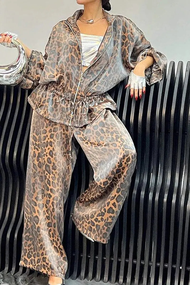 CAORSO - Completo casual leopardato con zip e maniche lunghe