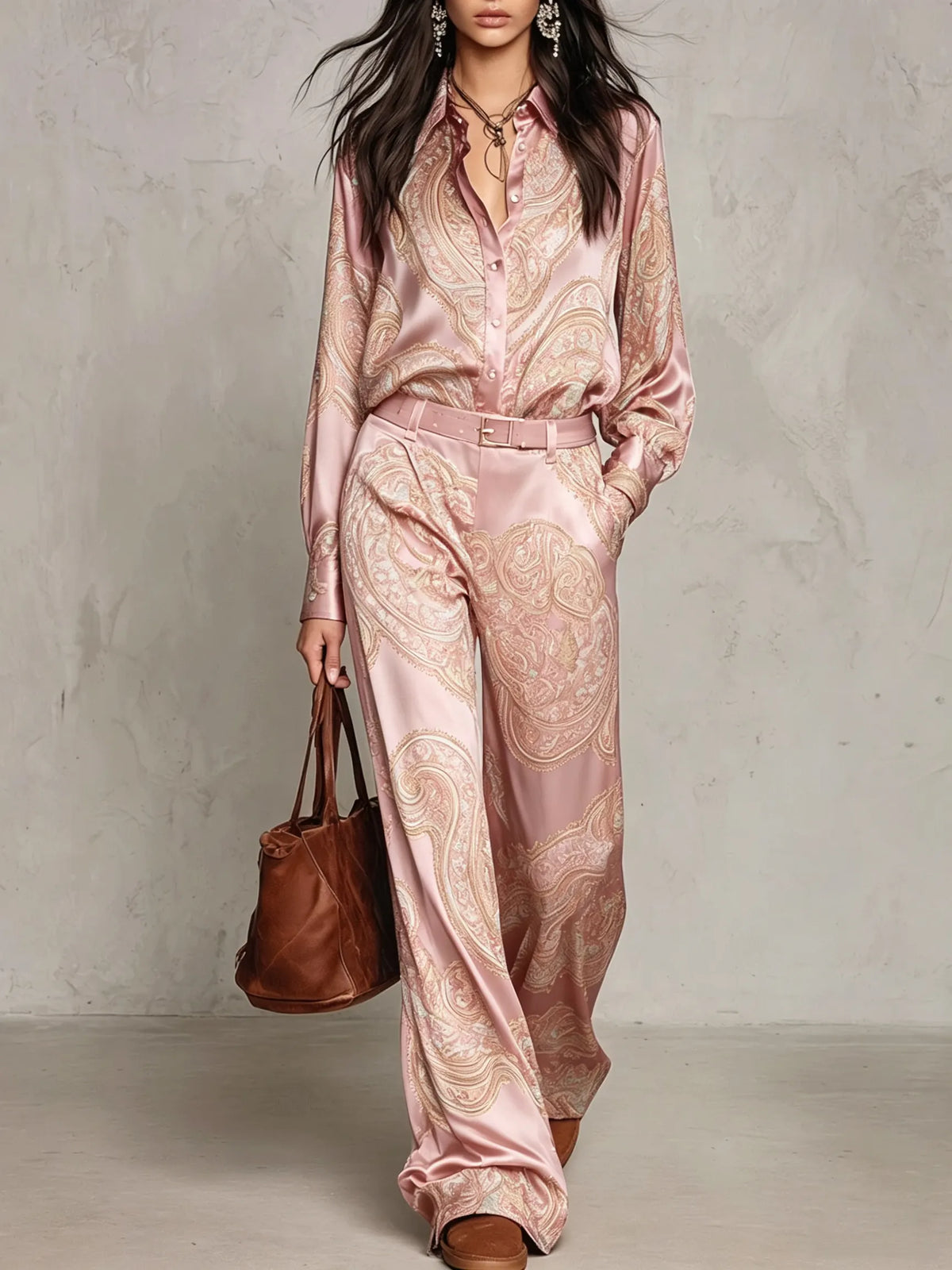 RIVELLO - Completo raso rosa paisley con cintura