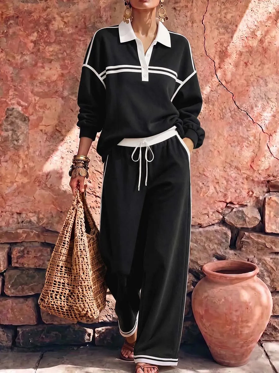 VOGOGNA - Women's Collared Long-sleeved Casual Loose Pullover Top And High-waisted Wide-leg Pants Suit