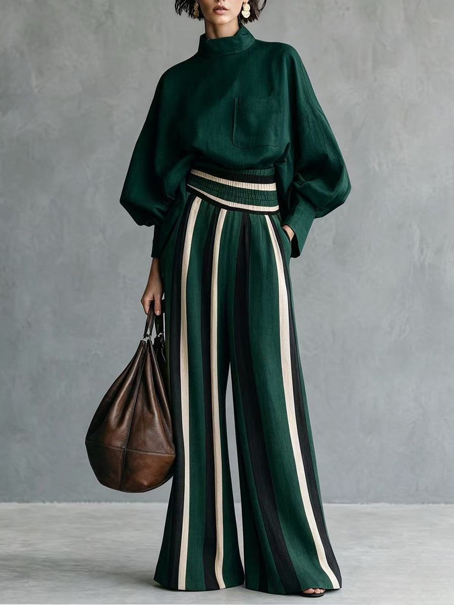 SELCI - Stylish Casual Two-piece Set Featuring A Linen-cotton Blend Top And Striped Wide-leg Trousers.