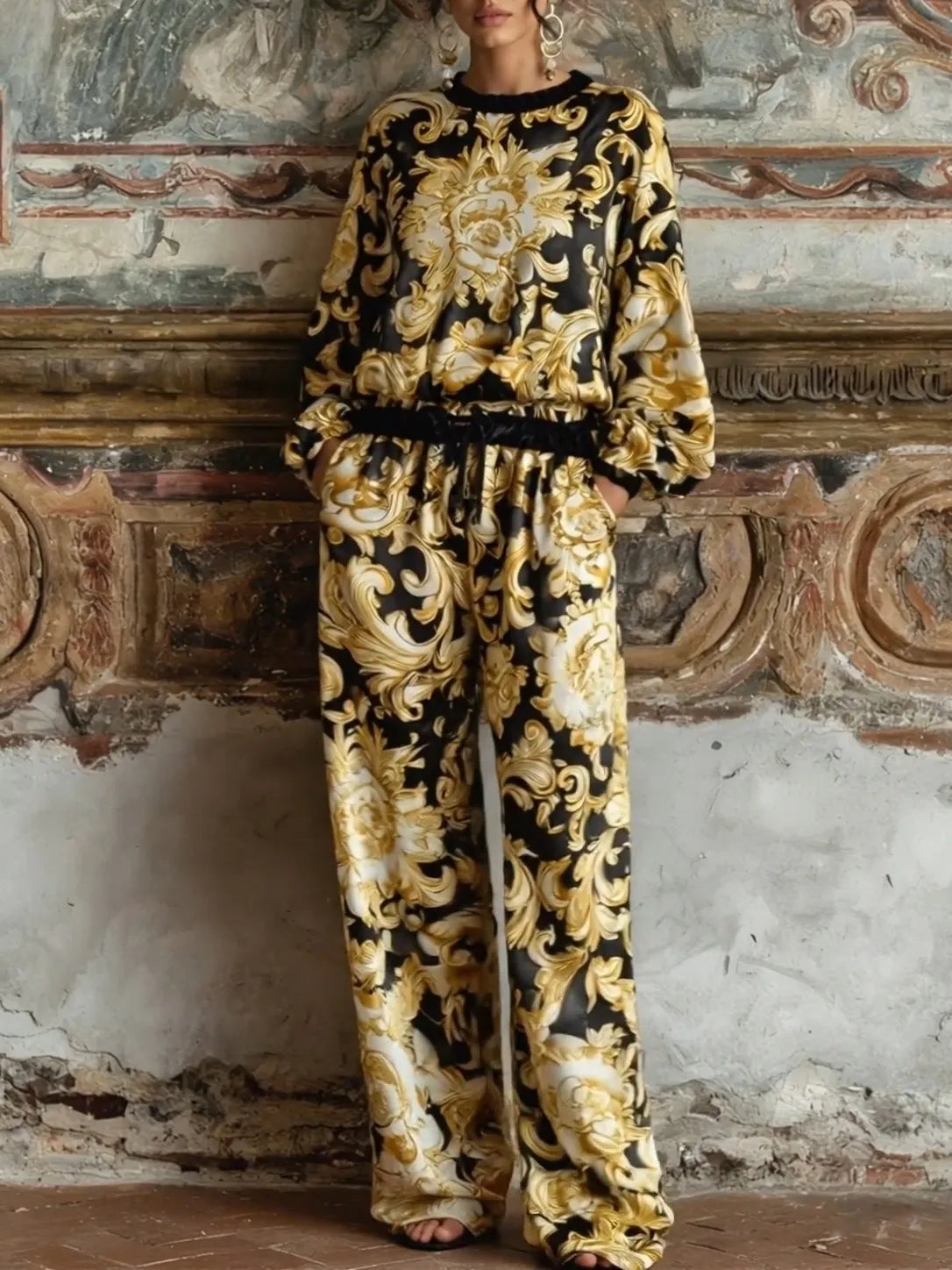 LURANO - Baroque Floral Print Long-sleeved Top And Wide-leg Pants Loungewear Set