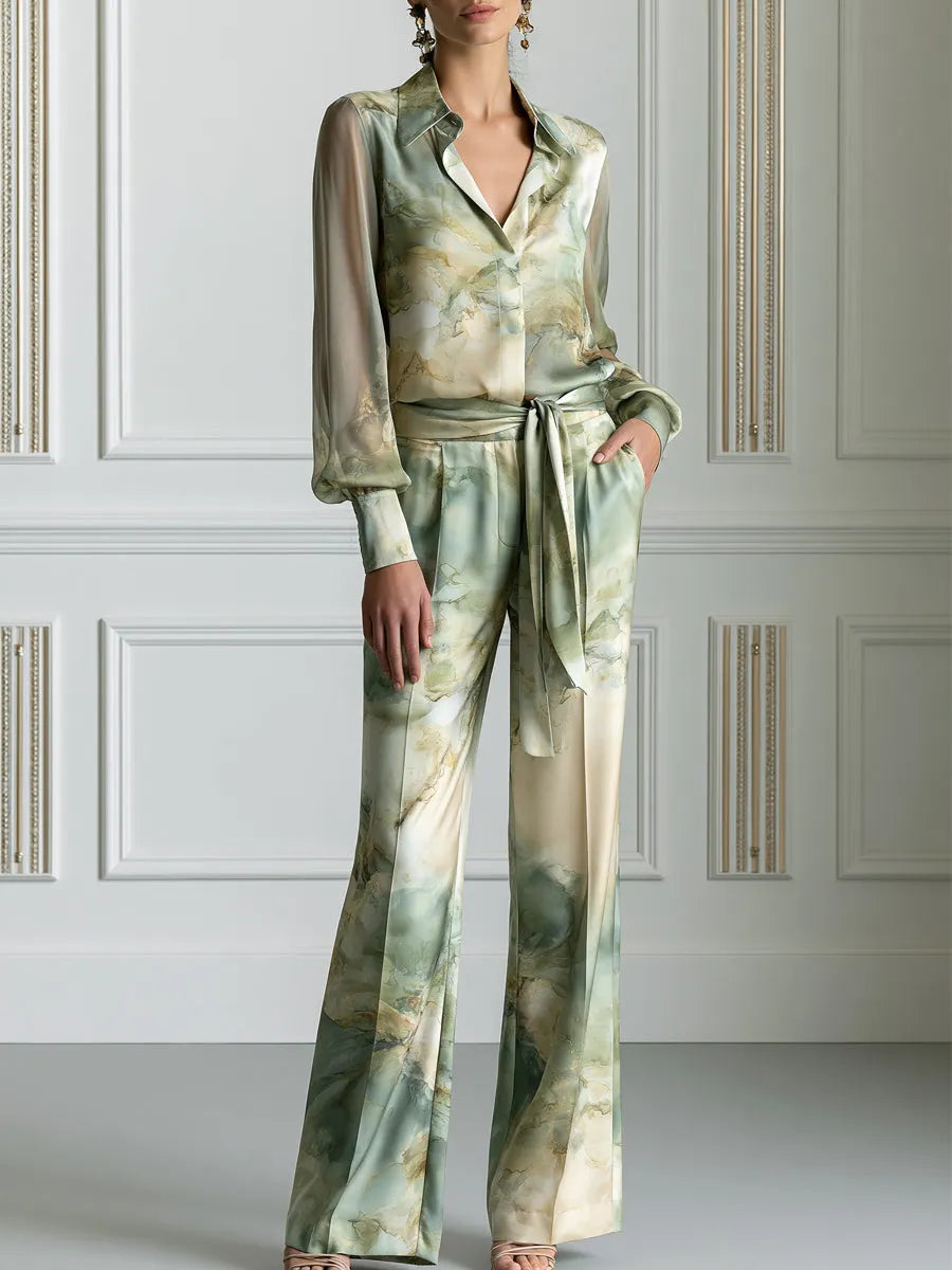 PONNA - Watercolor Fluid Print Satin Two-Piece Tailored Suit