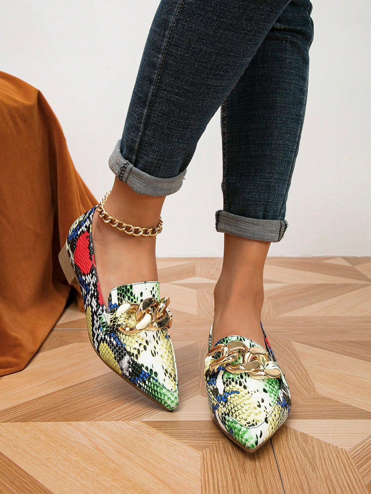 SELLANO - Mocassini colorblock effetto serpente con catena, flat slip-on