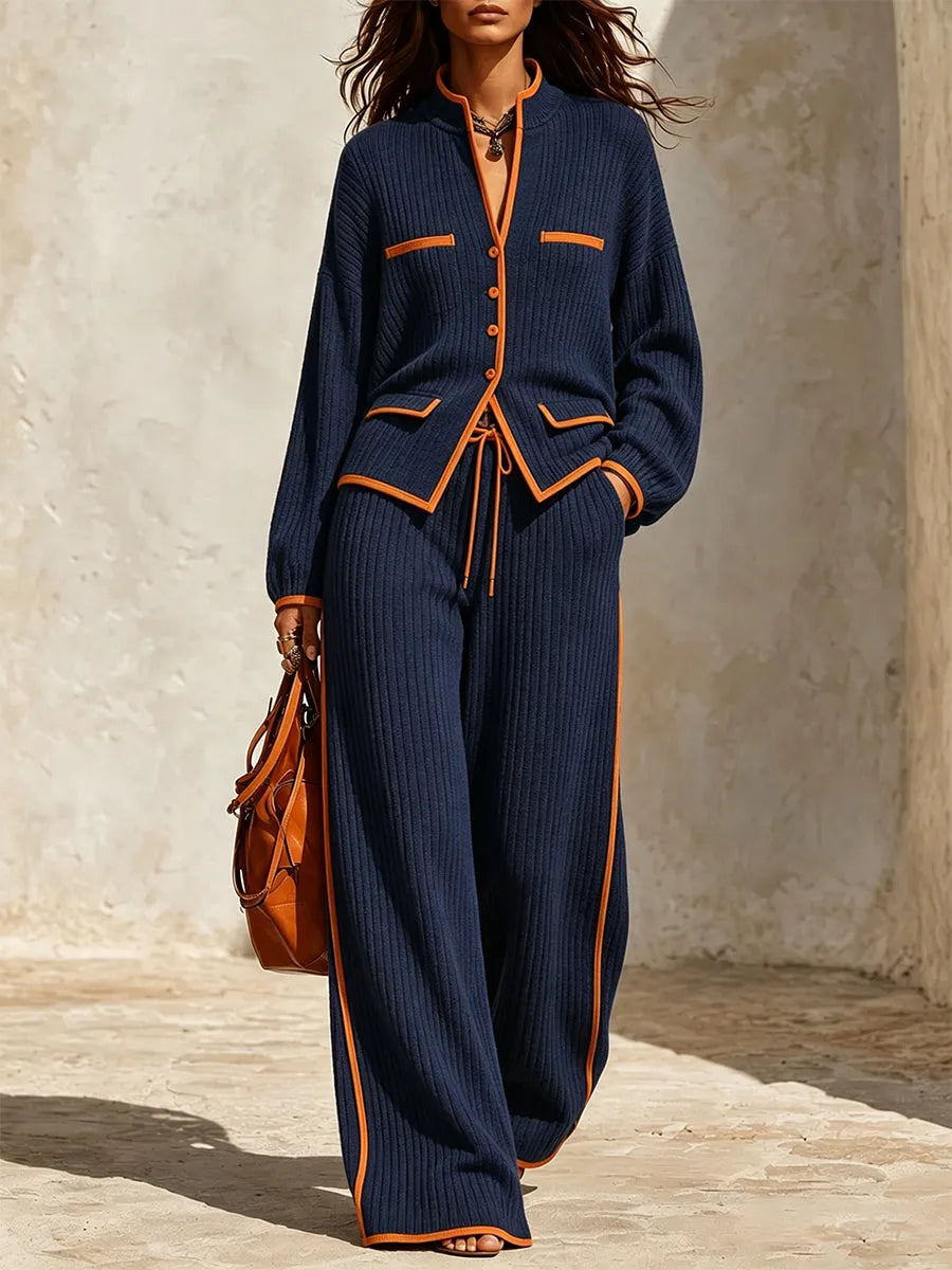 CHIAVERANO - Stylish And Elegant Two-piece Ribbed Knit Set With Color-block Detail