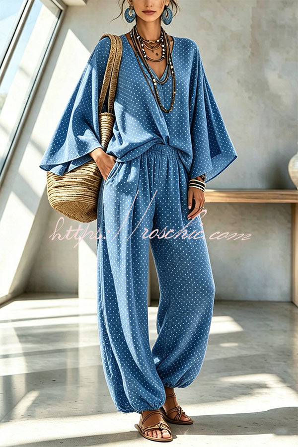 SOMAGLIA - Retro Style Polka Dot Print Batwing Sleeve Top and Elastic Waist Loose Jogger Pants Set